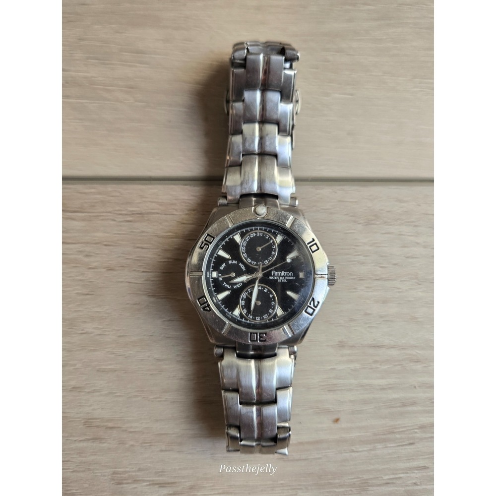 Armitron Watch Mens Multifunction Day Date Black‎ Dial Steel Quartz vtg USA